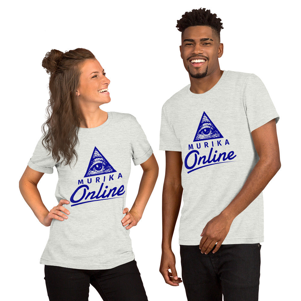 Two models wearing the "Murika Online" unisex t-shirt. The t-shirt is light gray with a blue logo featuring an all-seeing eye and the text "MURIKA Online" below it. The models, one male and one female, are smiling and looking comfortable in their casual attire.